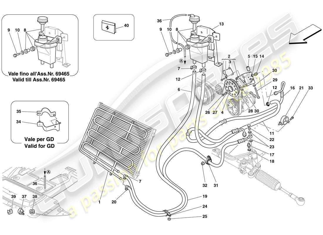 ferrari 599 gtb fiorano (usa) réservoir de fluide hydraulique, pompe et bobine pour système de direction assistée schéma des pièces