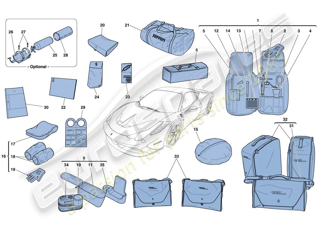 ferrari 458 speciale (europe) outils et accessoires fournis avec le véhicule schéma des pièces
