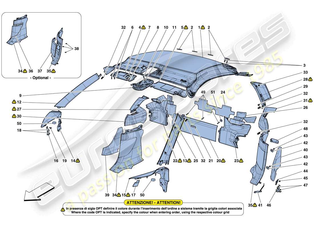 ferrari 488 gtb (rhd) garniture de pavillon et accessoires schéma des pièces