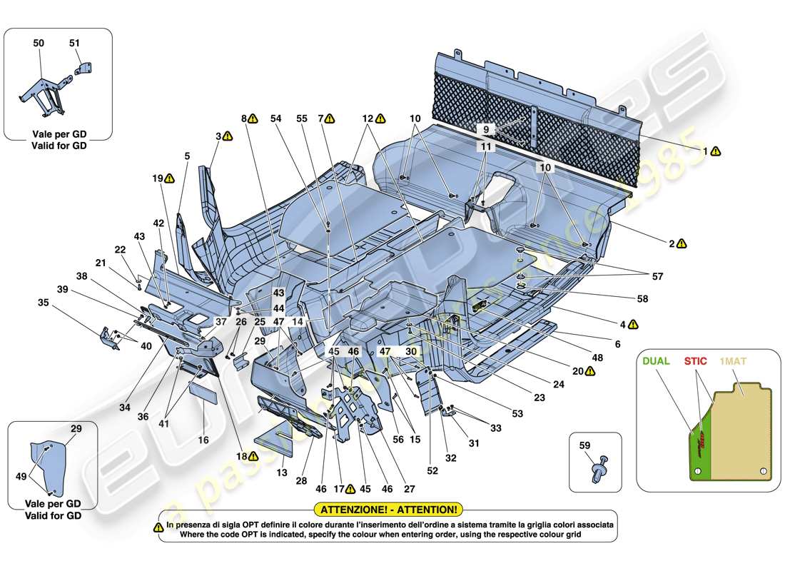 ferrari 488 spider (rhd) tapis pour habitacle passagers schéma des pièces