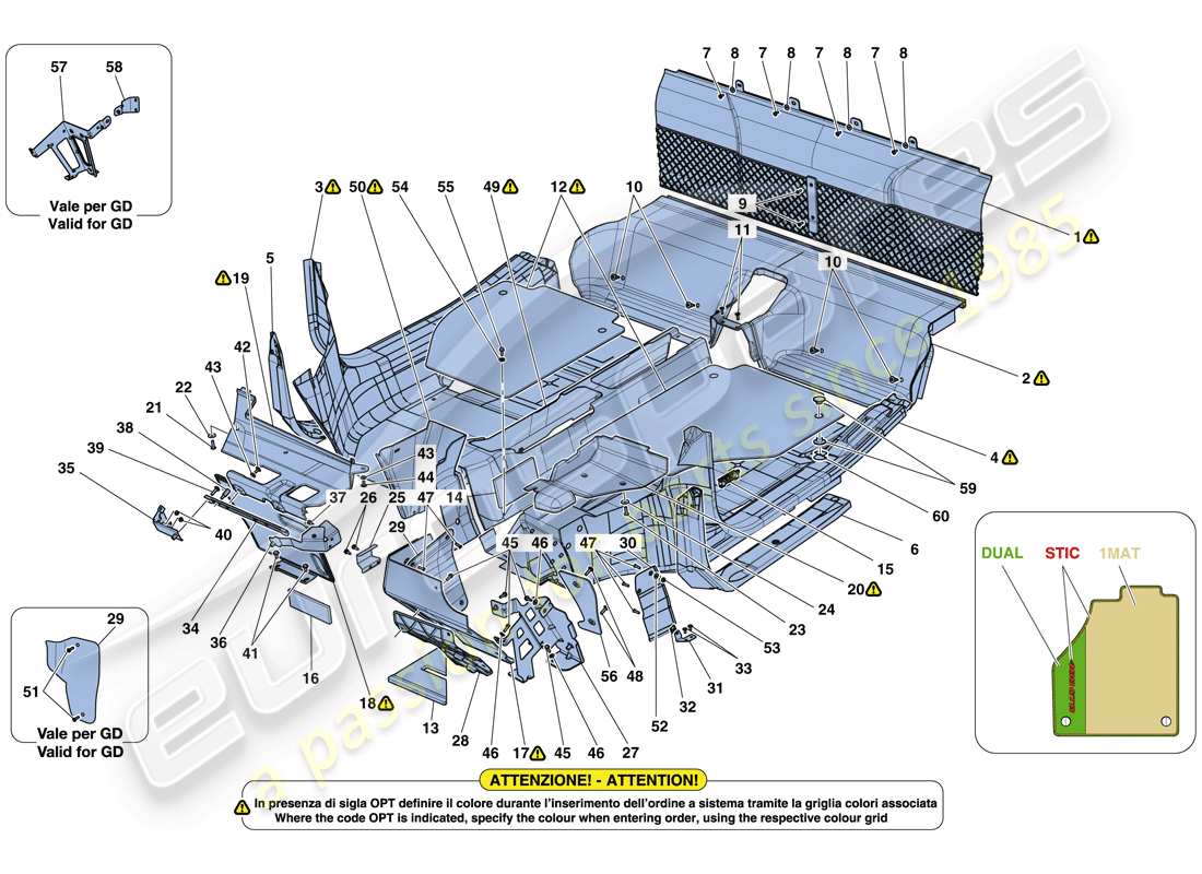 ferrari 488 gtb (europe) tapis d'habitacle schéma des pièces