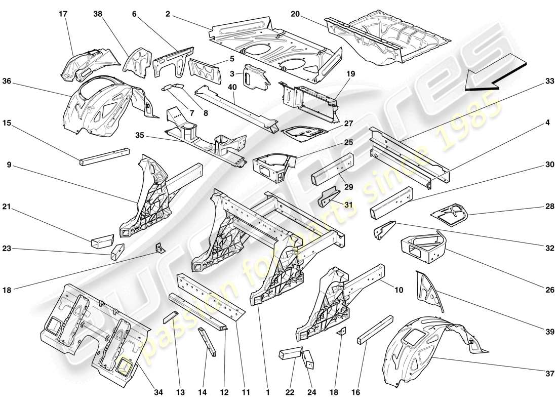 ferrari 599 gtb fiorano (rhd) structures et éléments, arrière du véhicule schéma des pièces