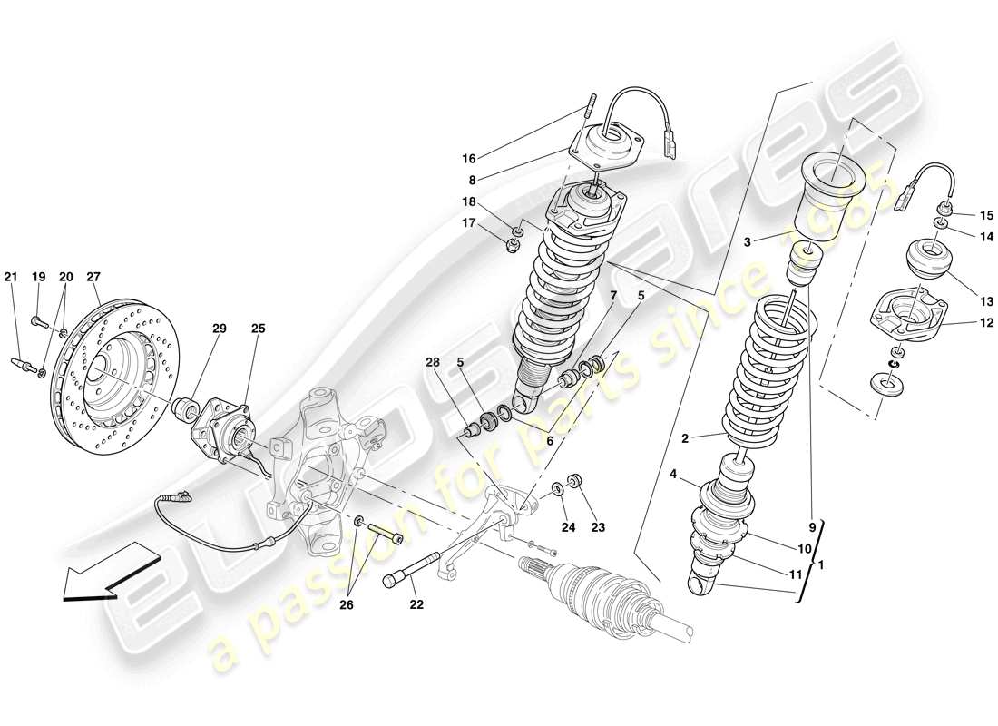 ferrari 612 sessanta (rhd) suspension arrière - amortisseur et disque de frein schéma des pièces