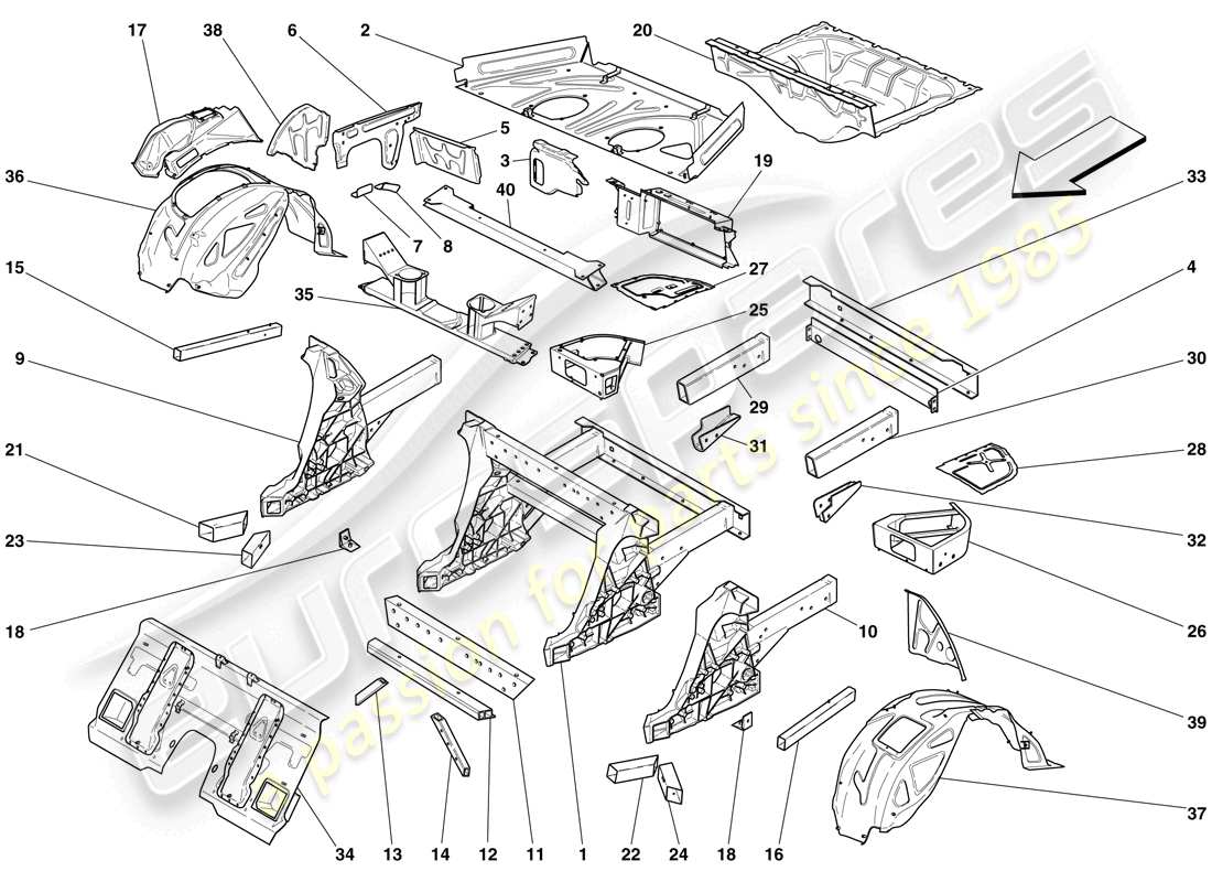 ferrari 599 gtb fiorano (usa) structures et éléments, arrière du véhicule schéma des pièces