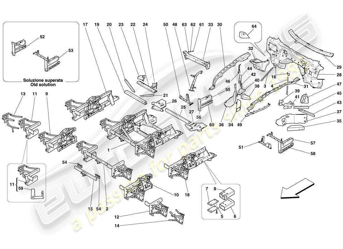 ferrari 599 gtb fiorano (rhd) structures et éléments, avant du véhicule schéma des pièces