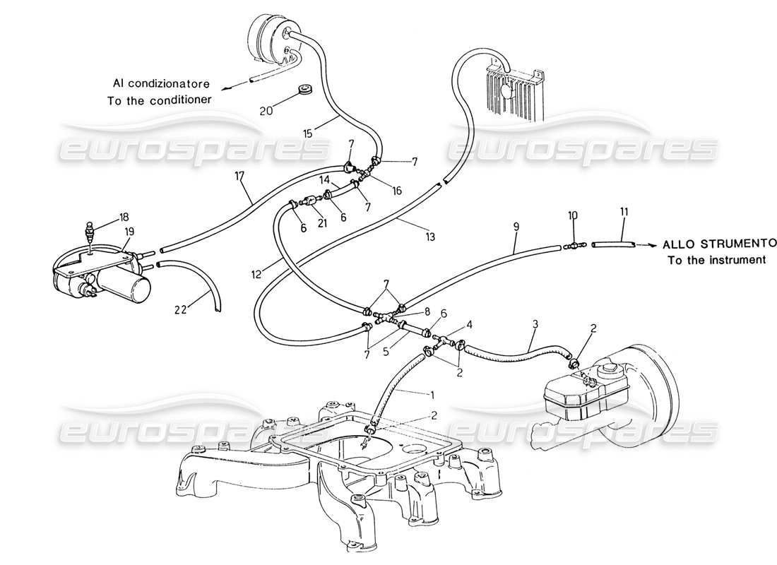 maserati 222 / 222e biturbo schéma des pièces du système d'évaporation (direction gauche sans sonde lambda)