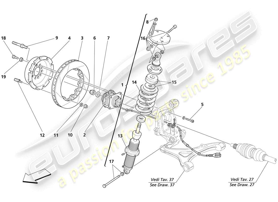 maserati trofeo suspension arrière - amortisseur et disque de frein schéma des pièces