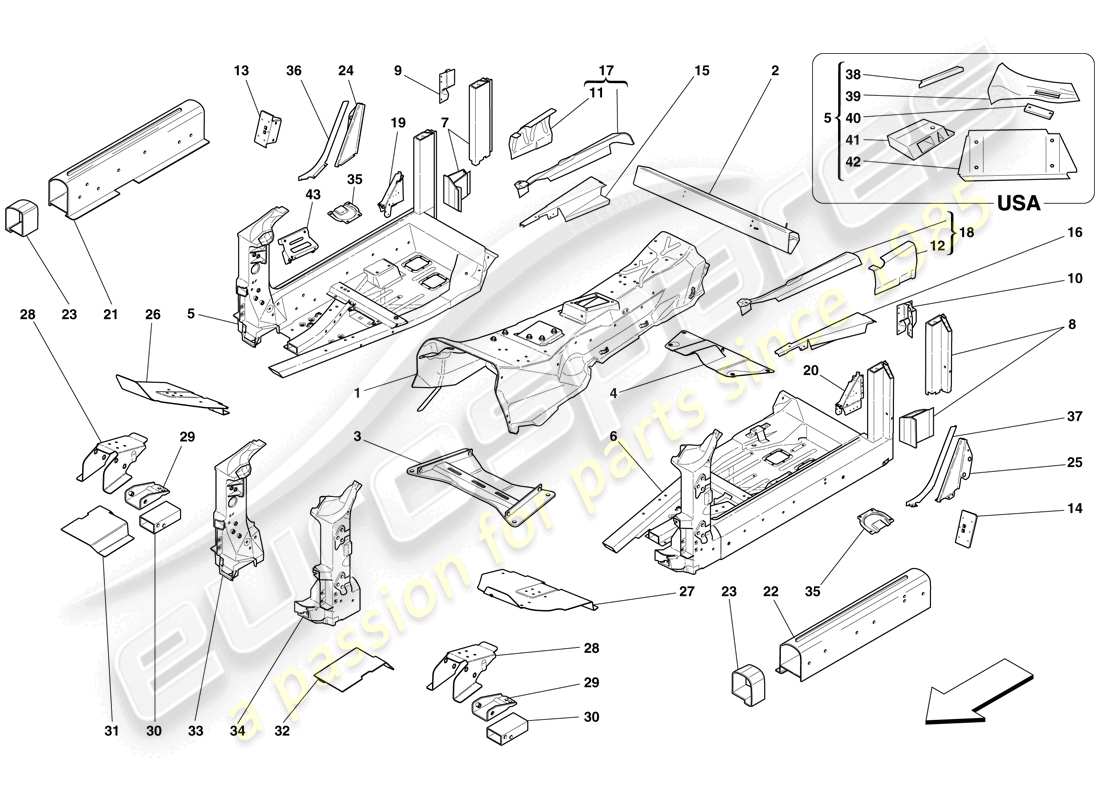 ferrari 599 gtb fiorano (rhd) structures et éléments, centre du véhicule schéma des pièces