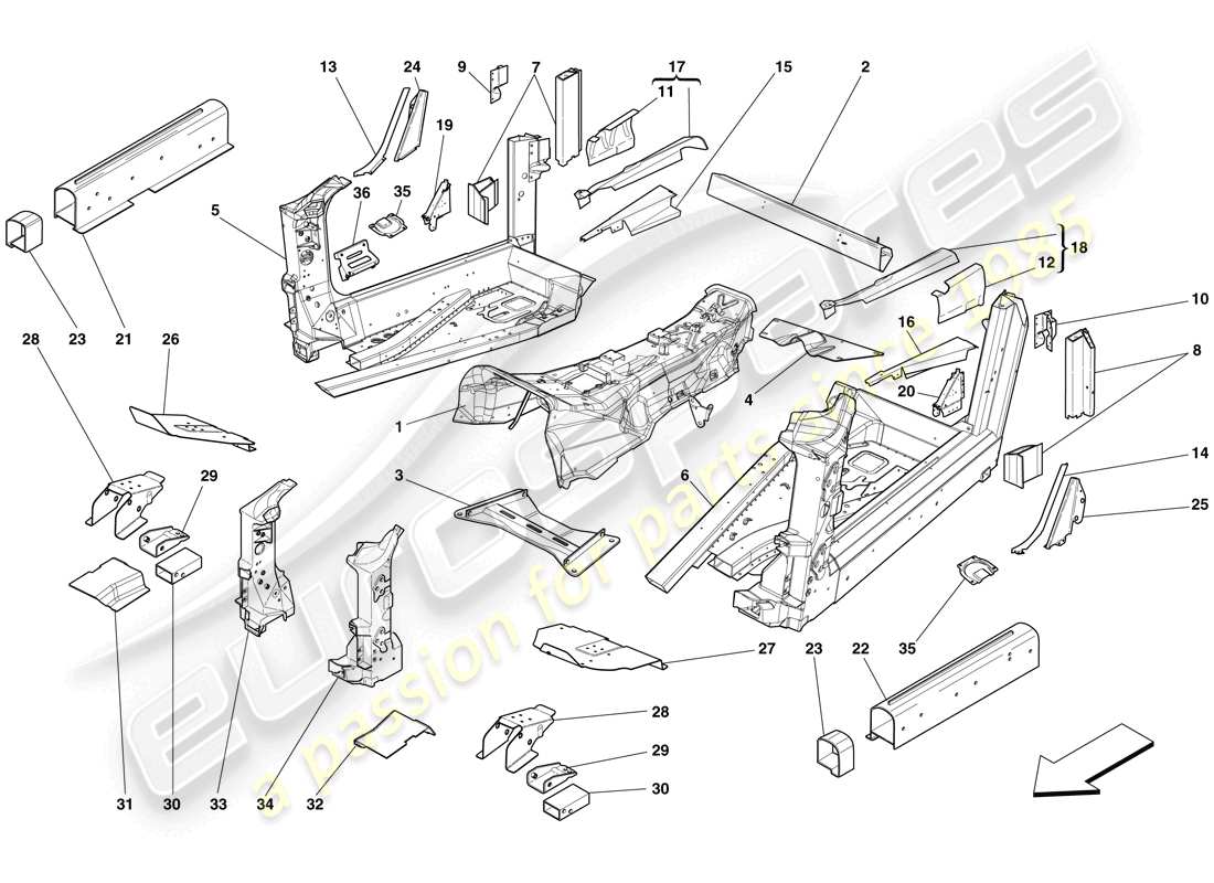 ferrari 599 sa aperta (europe) structures et éléments, centre du véhicule schéma des pièces