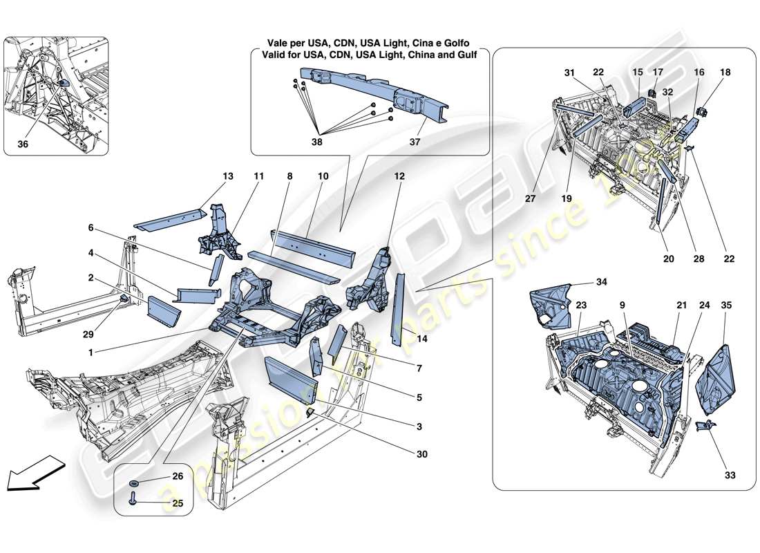 ferrari f12 tdf (usa) structures et éléments, arrière du véhicule schéma des pièces