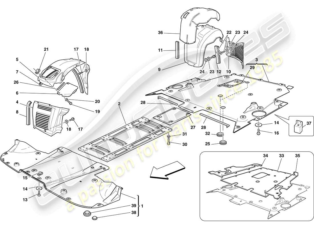 ferrari f430 coupe (rhd) sous-travail plat et passages de roue schéma des pièces