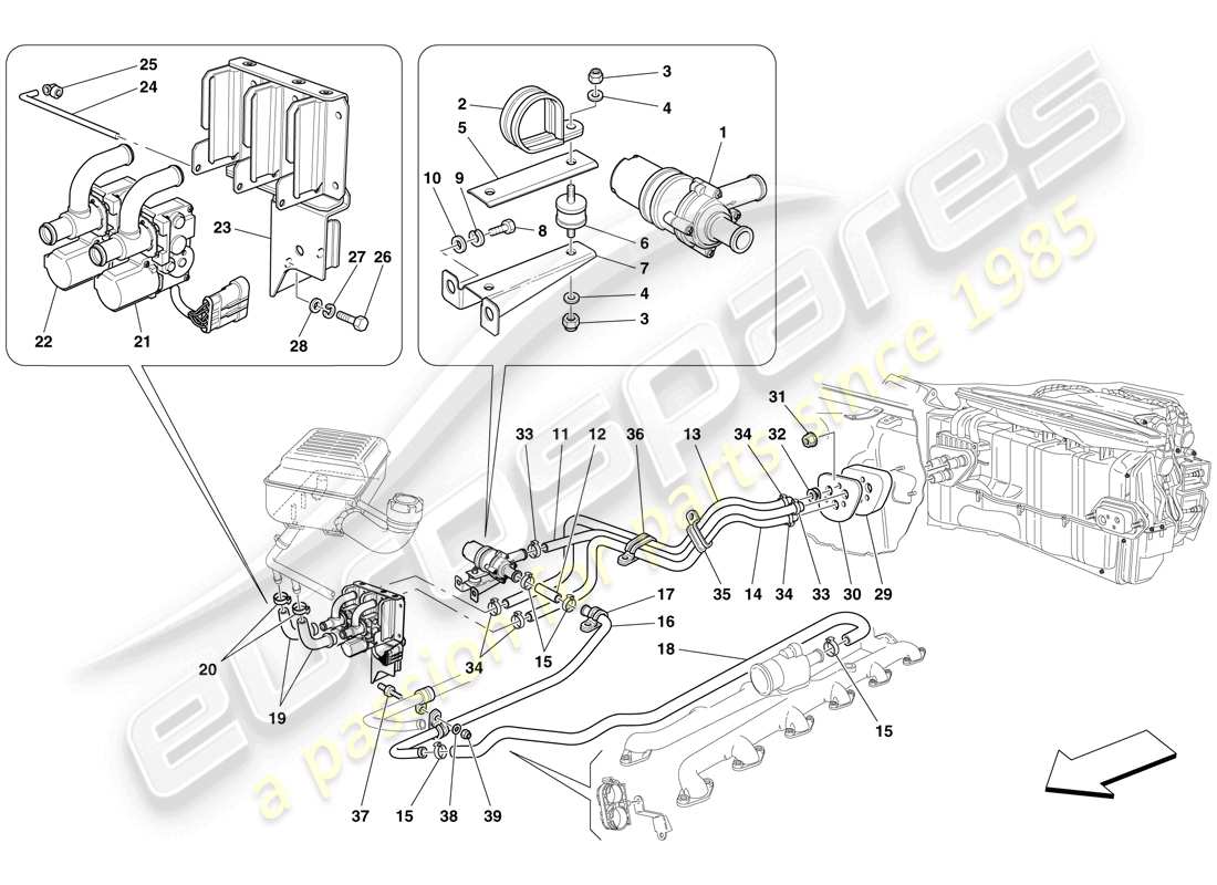 ferrari 612 sessanta (rhd) système ac - tuyaux d'eau schéma des pièces