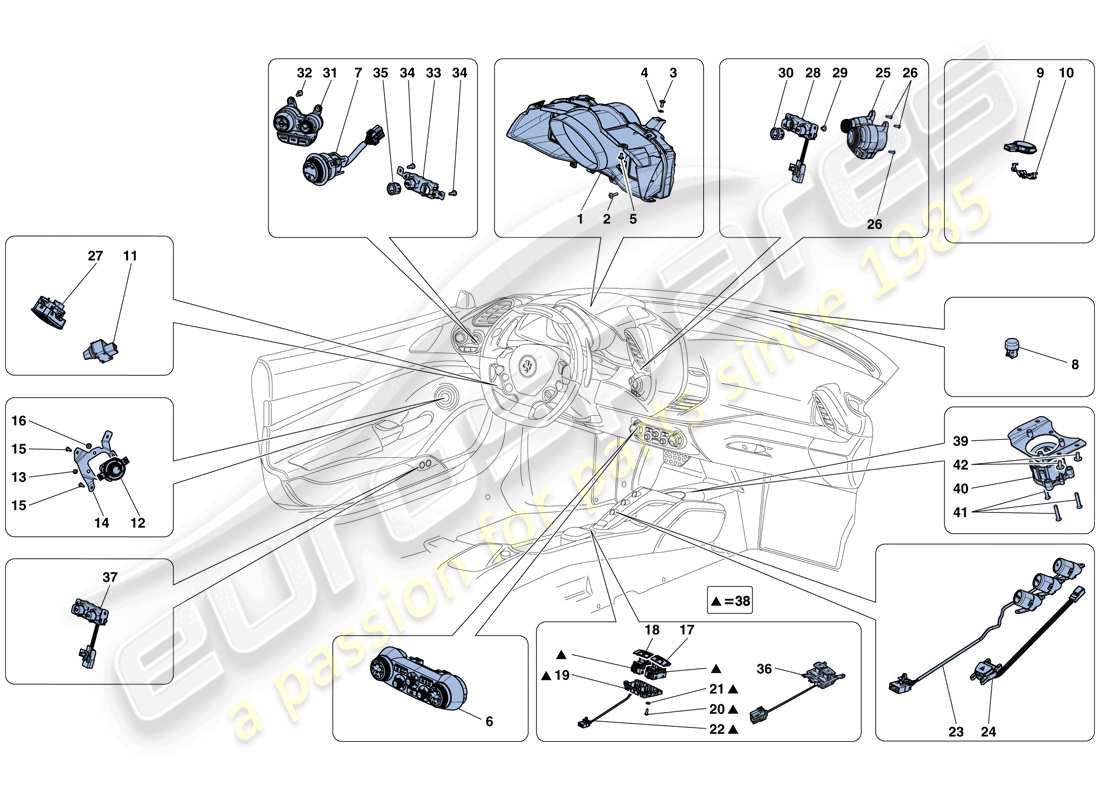 ferrari 488 spider (europe) tableau de bord et instruments de tunnel schéma des pièces