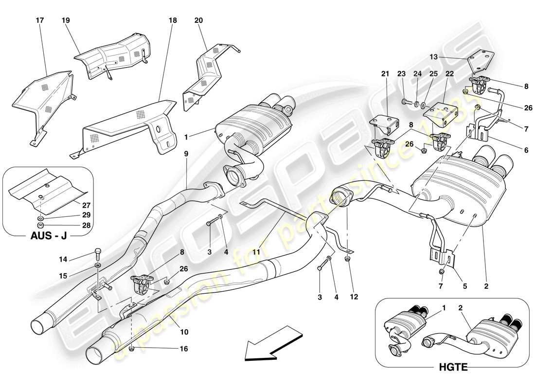 ferrari 599 gtb fiorano (rhd) système d'échappement arrière schéma des pièces