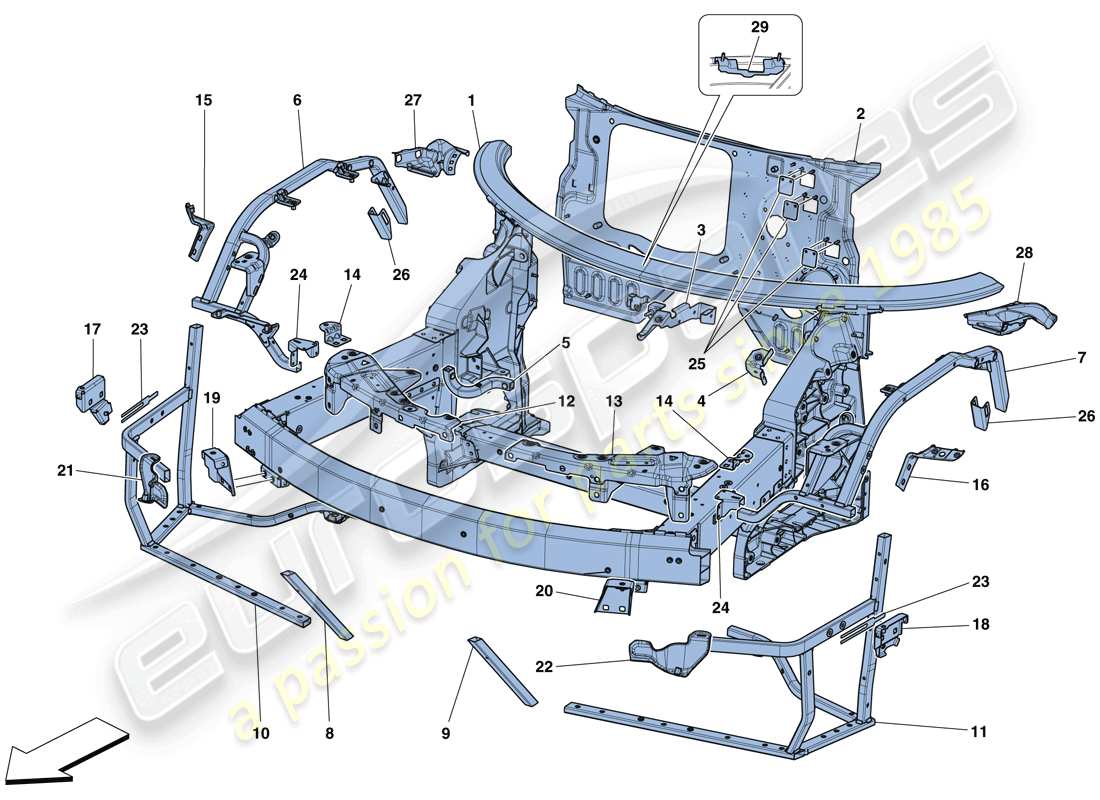ferrari 488 gtb (europe) châssis - structure avant complète et panneaux schéma des pièces
