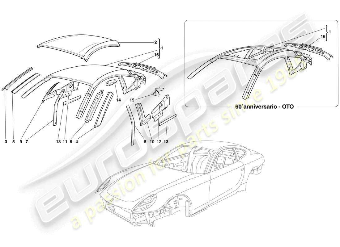 ferrari 612 scaglietti (rhd) carrosserie - toit schéma des pièces