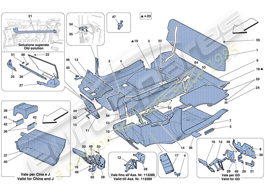 ferrari 458 italia (usa) tapis pour habitacle passagers schéma des pièces