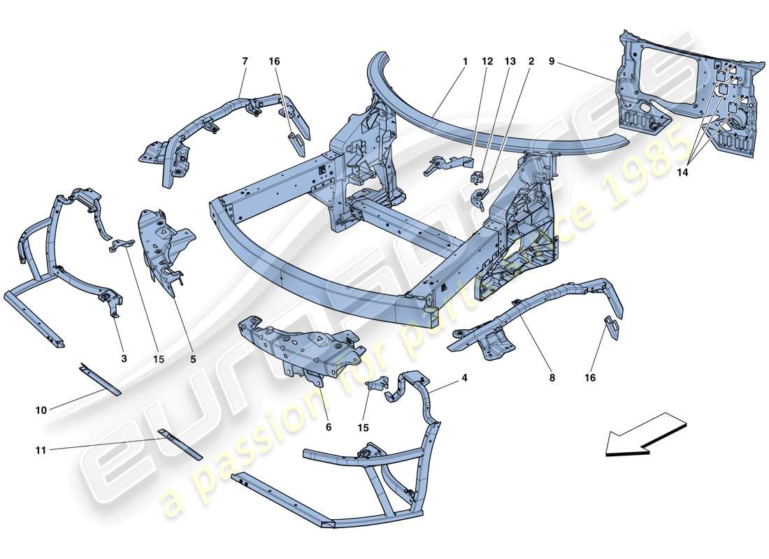 ferrari 458 speciale (rhd) châssis - structure avant complète et panneaux schéma des pièces