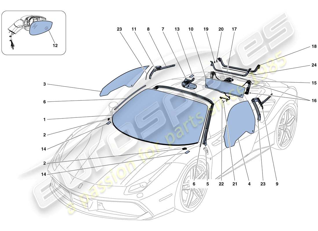 ferrari 488 spider (europe) écrans, fenêtres et joints schéma des pièces