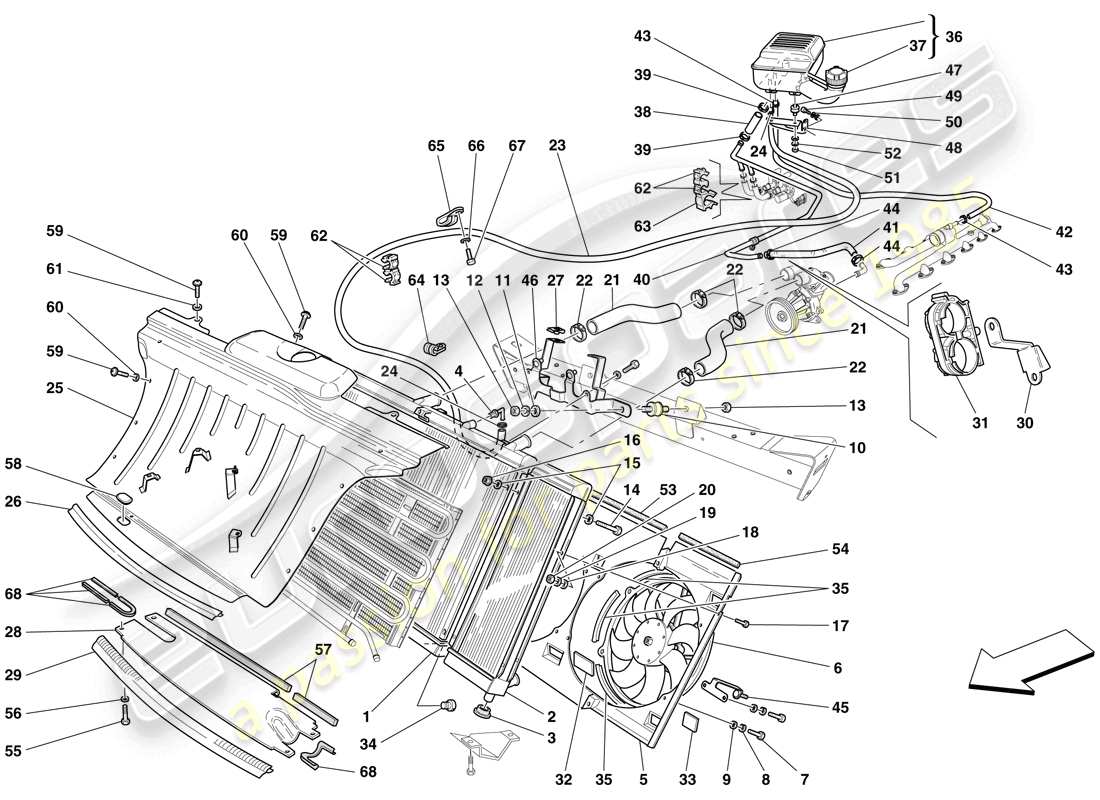 ferrari 612 sessanta (rhd) système de refroidissement - radiateur et réservoir collecteur schéma des pièces