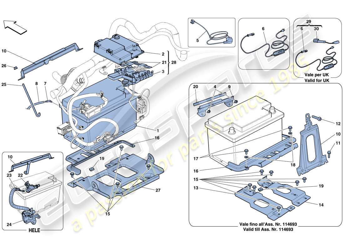 ferrari 458 spider (rhd) diagramme des pièces de la batterie