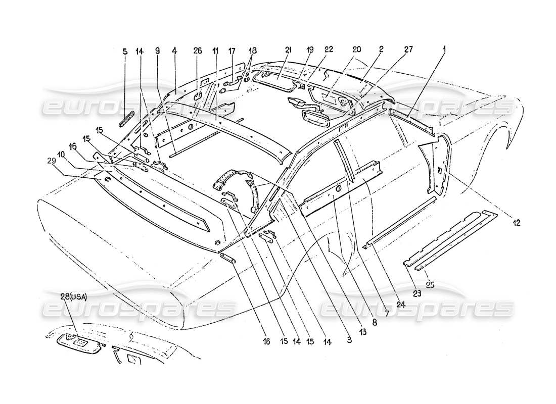 ferrari 365 gt 2+2 (coachwork) schéma des pièces des garnitures intérieures et des accessoires