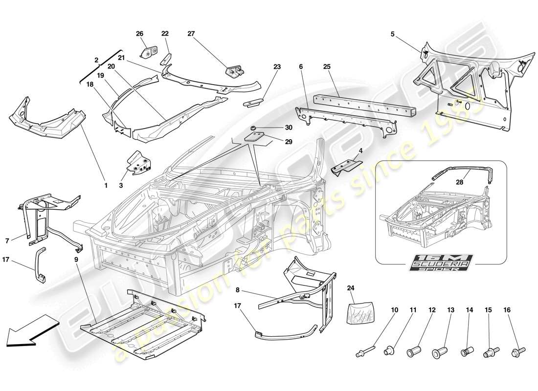 ferrari f430 scuderia spider 16m (usa) châssis - structure avant complète et panneaux schéma des pièces