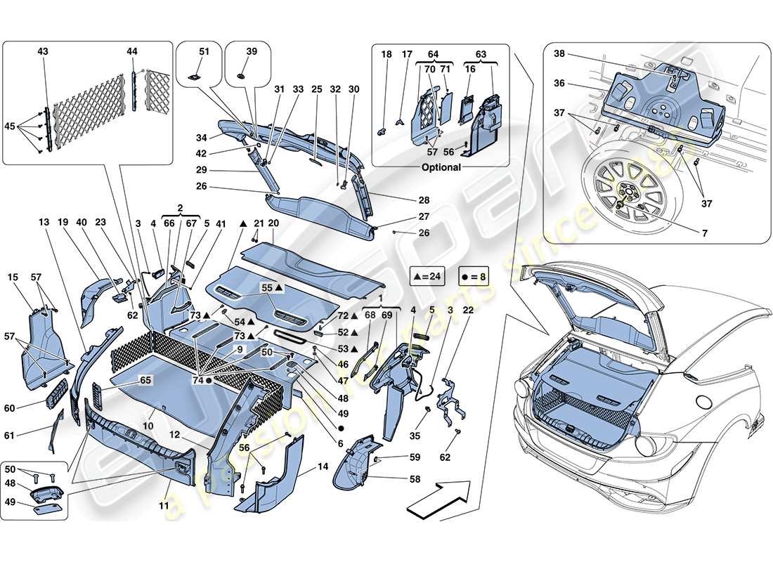 ferrari ff (rhd) schéma des pièces des tapis de coffre à bagages