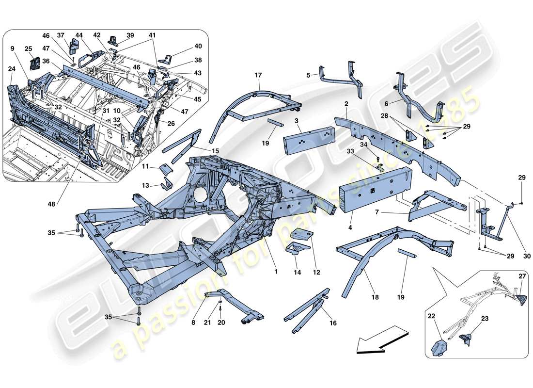 ferrari 458 speciale aperta (rhd) châssis - structure, éléments arrière et panneaux schéma des pièces