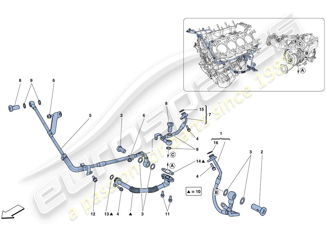 ferrari california t (rhd) refroidissement-lubrification pour système de turbocompression schéma des pièces