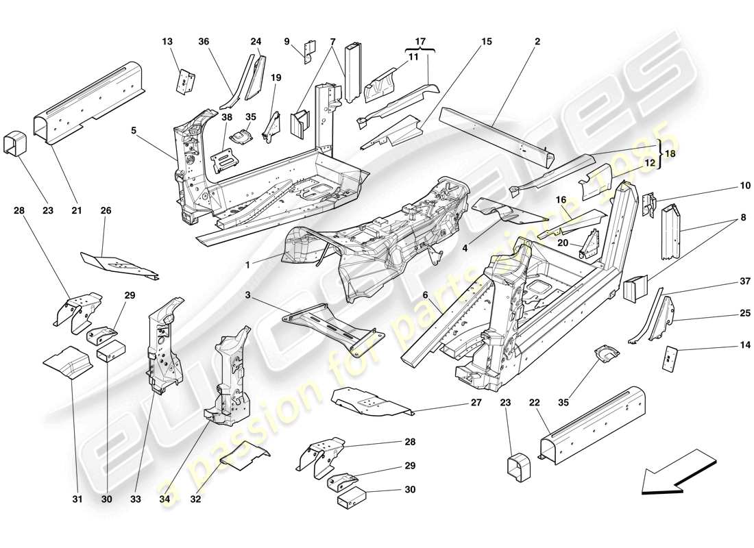 ferrari 599 gto (usa) structures et éléments, centre du véhicule schéma des pièces