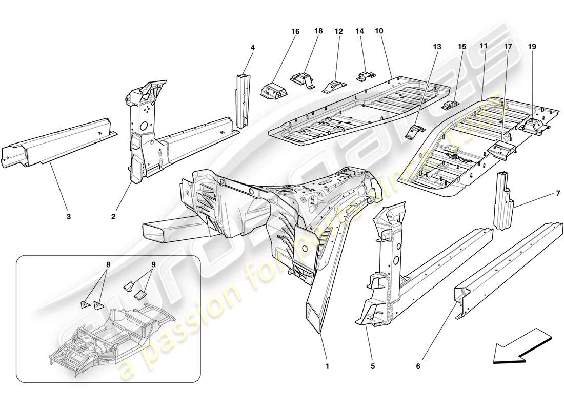ferrari california (usa) structures centrales et sections de caisson de châssis schéma des pièces