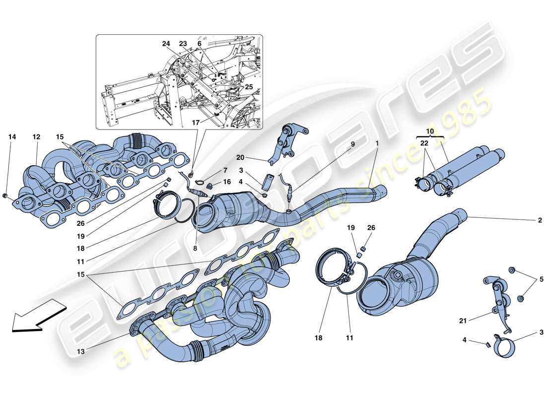 ferrari f12 tdf (rhd) convertisseurs précatalytiques et convertisseurs catalytiques schéma des pièces