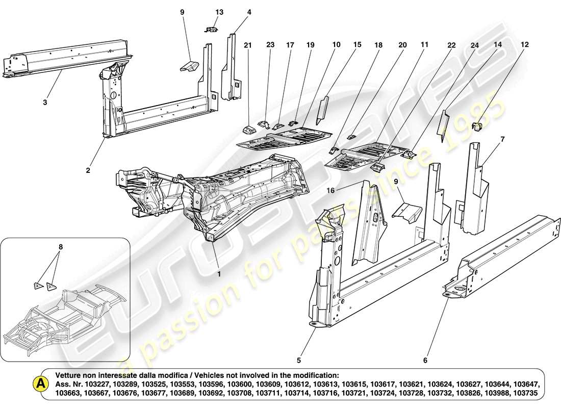 ferrari california (usa) structures centrales et sections de caisson de châssis schéma des pièces