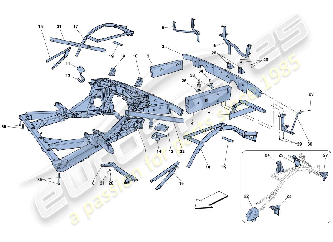 ferrari 458 speciale (rhd) châssis - structure, éléments arrière et panneaux schéma des pièces