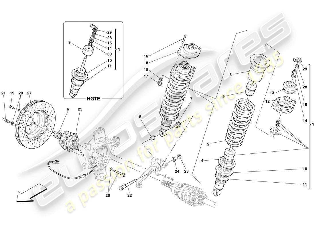 ferrari 599 gtb fiorano (rhd) suspension arrière - amortisseur et disque de frein schéma des pièces