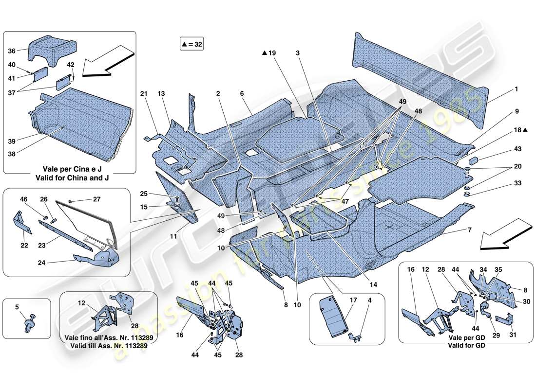 ferrari 458 spider (rhd) tapis pour habitacle passagers schéma des pièces