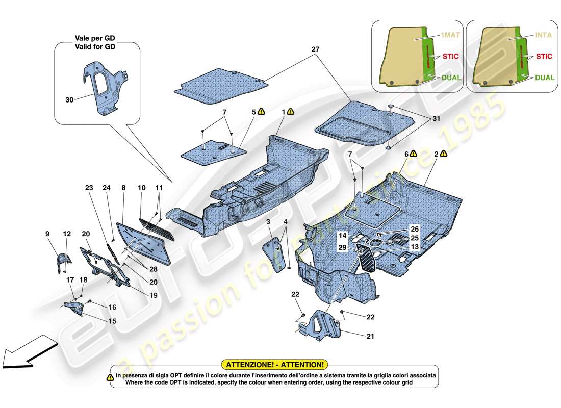 ferrari 812 superfast (rhd) tapis pour habitacle passagers schéma des pièces