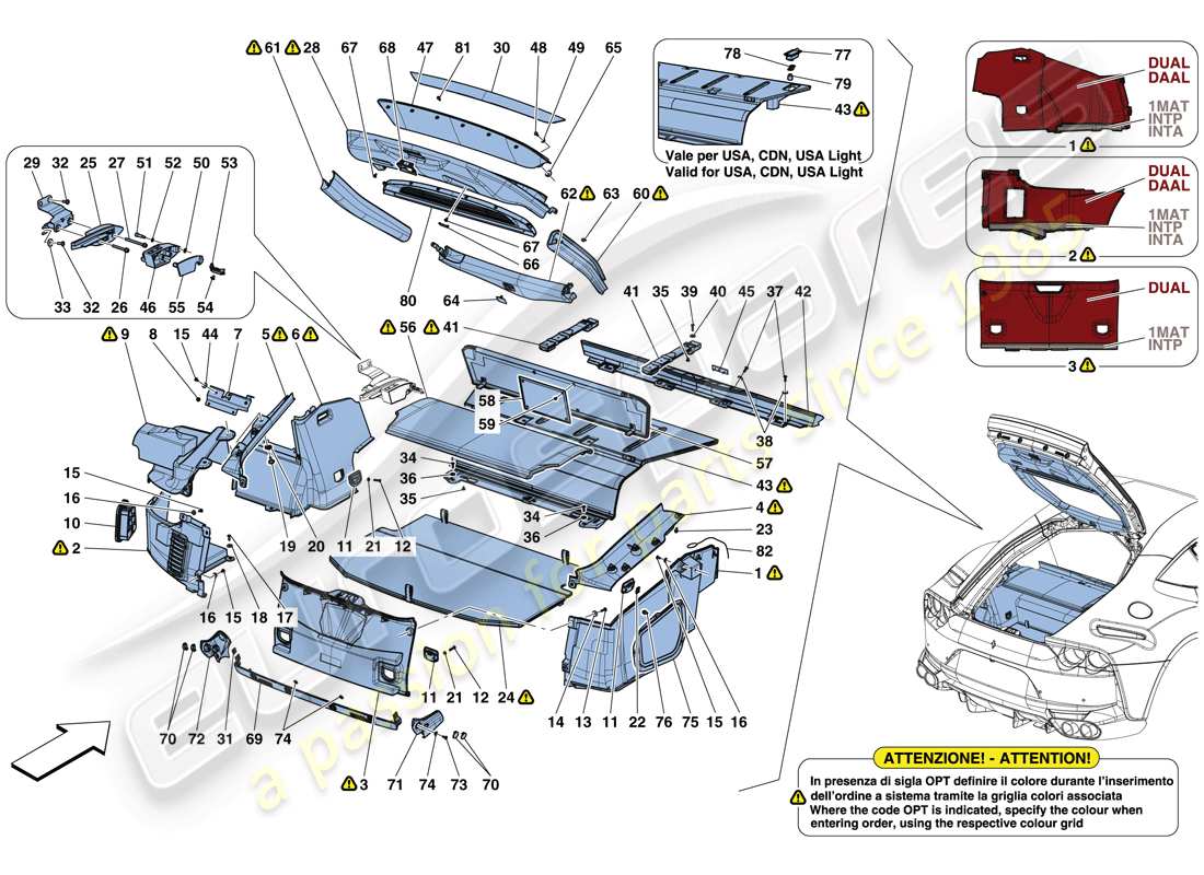 ferrari 812 superfast (rhd) schéma des pièces des tapis de coffre à bagages