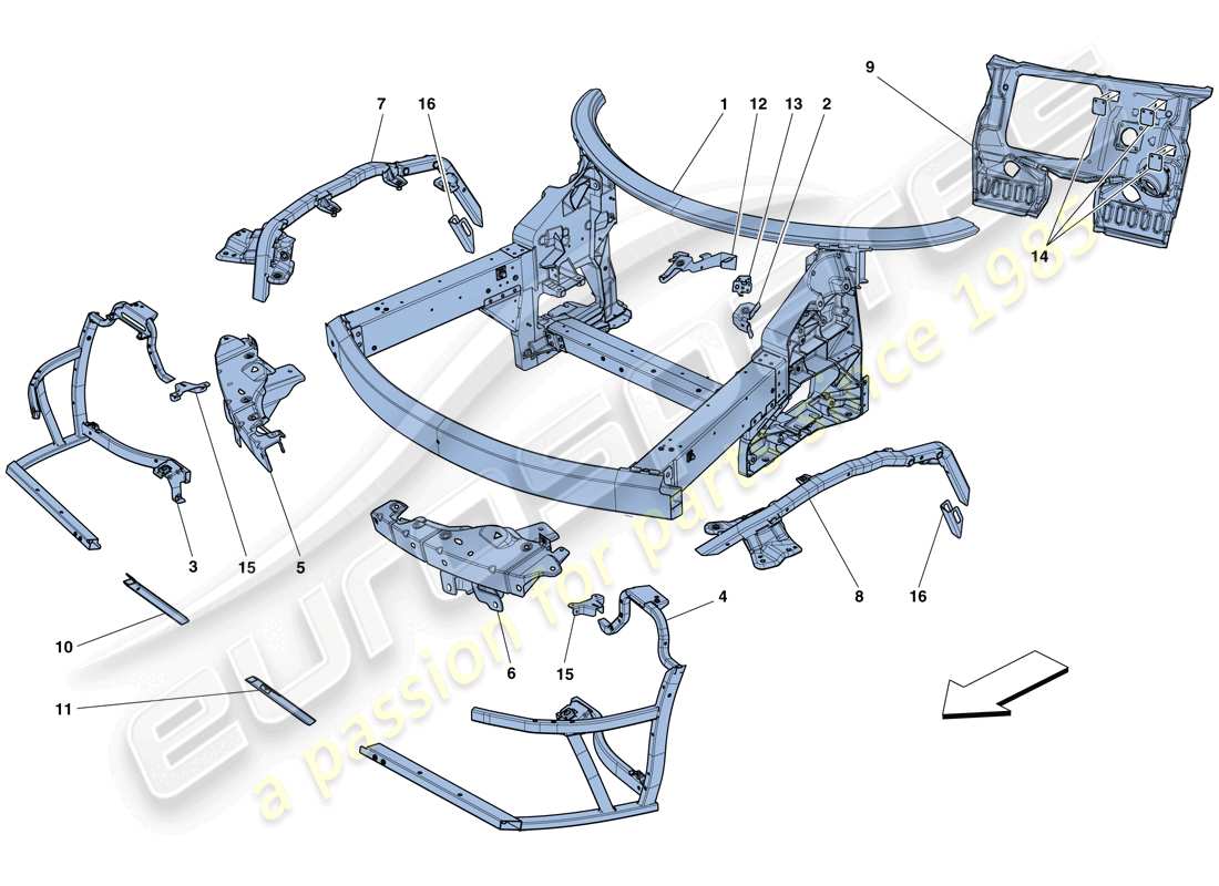 ferrari 458 speciale aperta (usa) châssis - structure avant complète et panneaux schéma des pièces