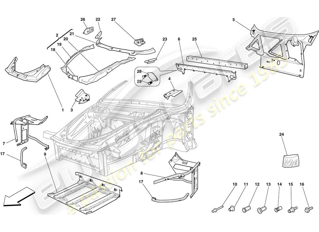 ferrari f430 coupe (rhd) châssis - structure avant complète et panneaux schéma des pièces