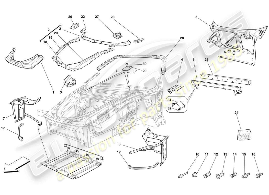 ferrari f430 spider (europe) châssis - structure avant complète et panneaux schéma des pièces