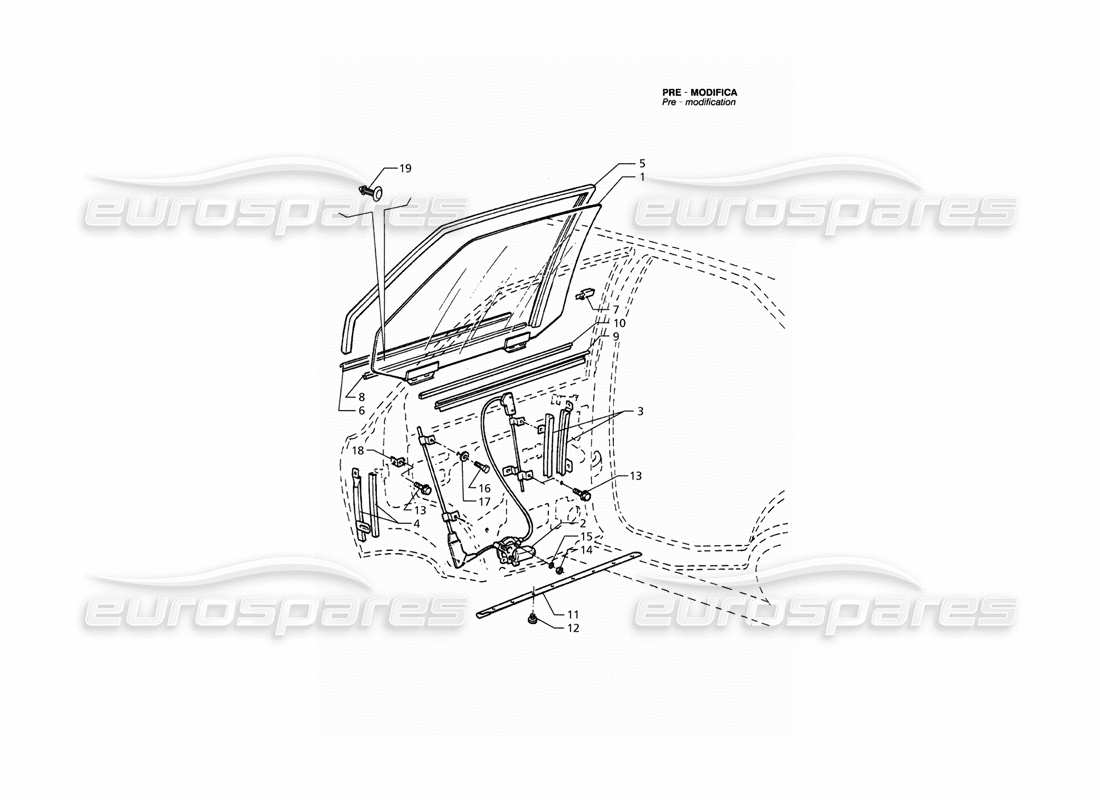 maserati qtp. 3.2 v8 (1999) portes arrière : fenêtres et régulateurs (pré-modification) schéma des pièces