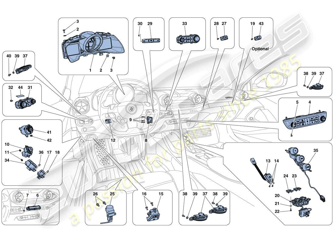 ferrari 812 superfast (rhd) tableau de bord et instruments pour tunnel schéma des pièces