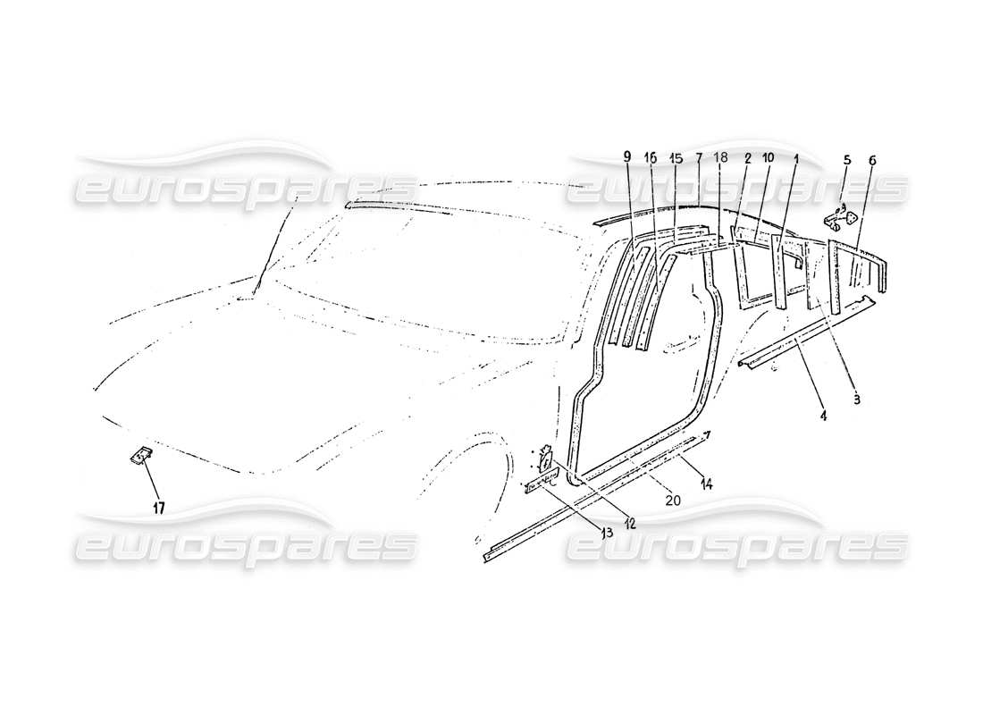 ferrari 365 gt 2+2 (coachwork) garniture de vitre de custode arrière et joints de porte schéma des pièces