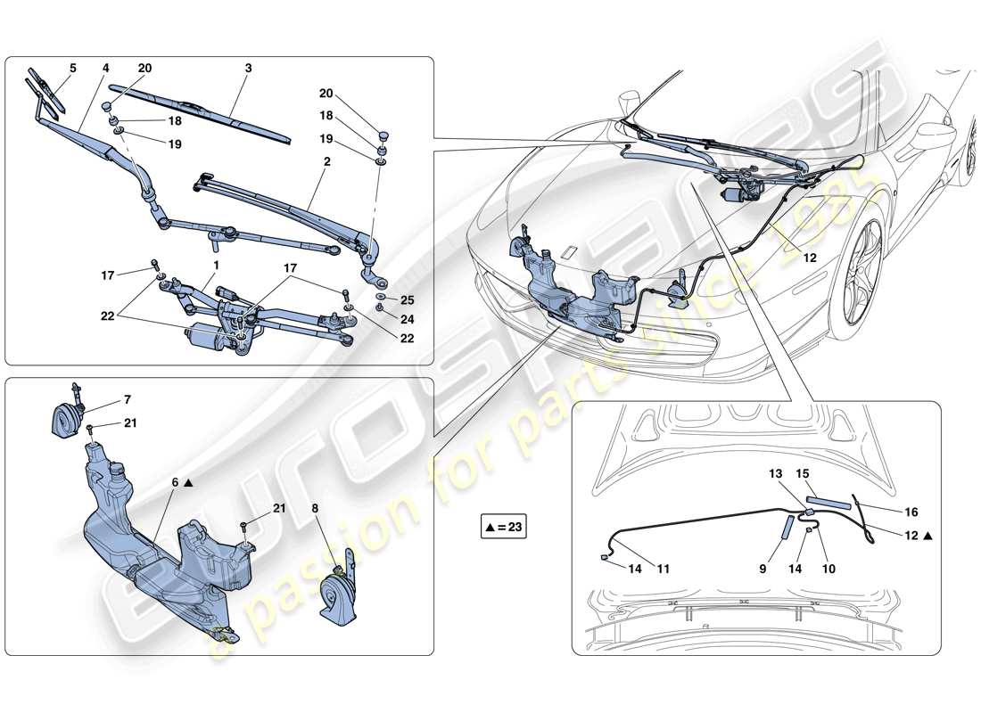 ferrari 458 spider (europe) essuie-glace, rondelle glace et klaxons schéma des pièces