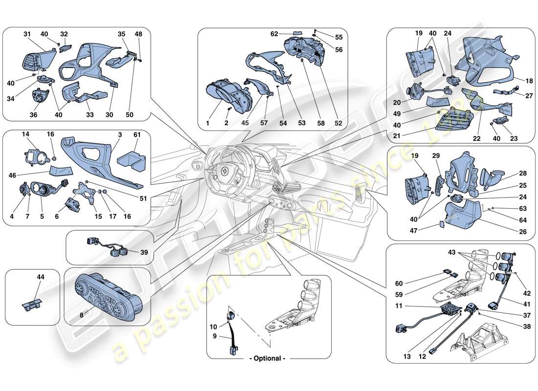 ferrari 458 speciale (usa) tableau de bord et instruments de tunnel schéma des pièces