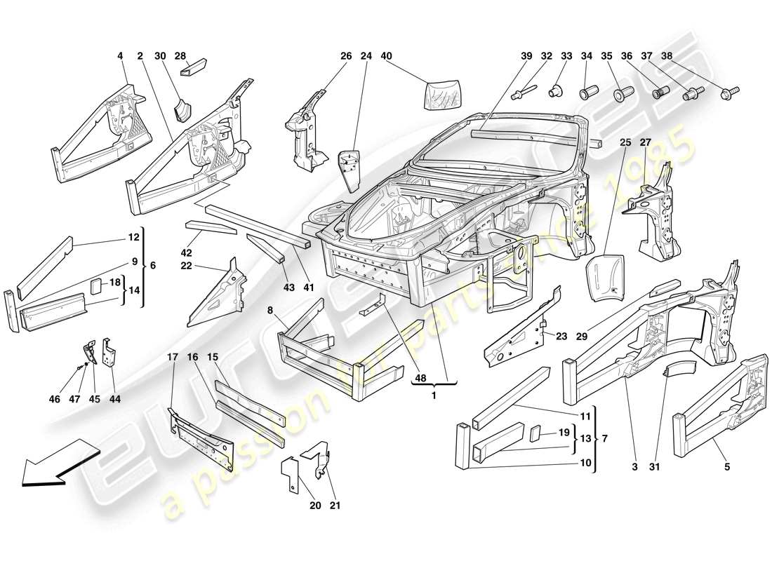 ferrari f430 spider (europe) châssis - structure, éléments avant et panneaux