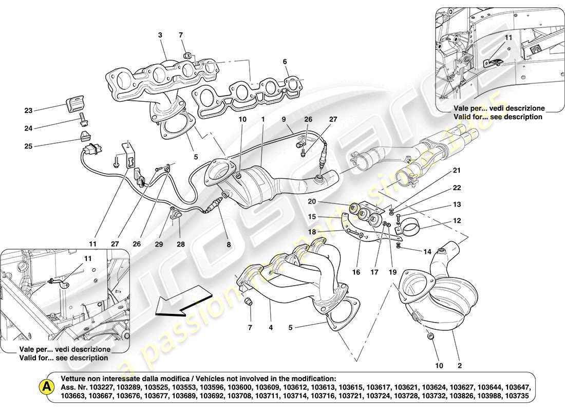 ferrari california (usa) convertisseurs précatalytiques et convertisseurs catalytiques schéma des pièces