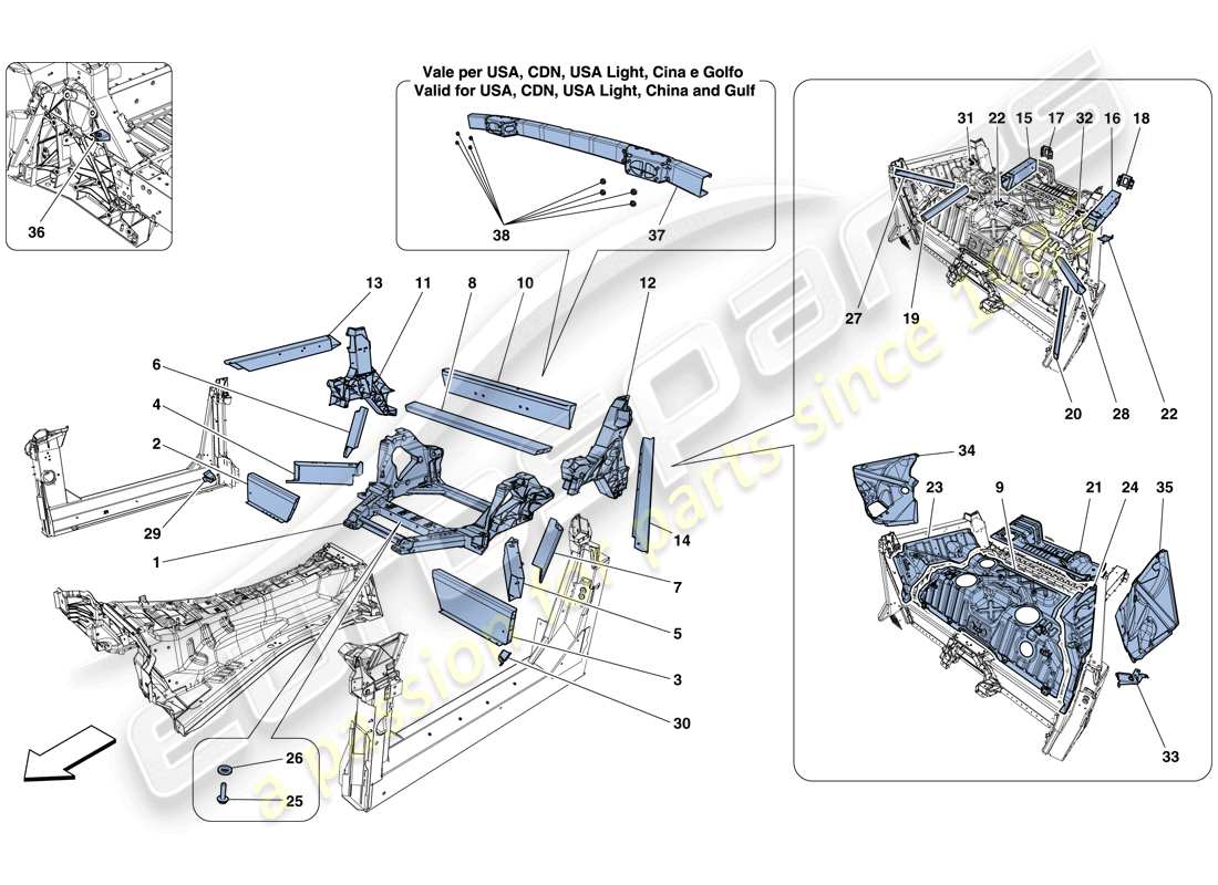 ferrari 812 superfast (rhd) structures et éléments, arrière du véhicule schéma des pièces